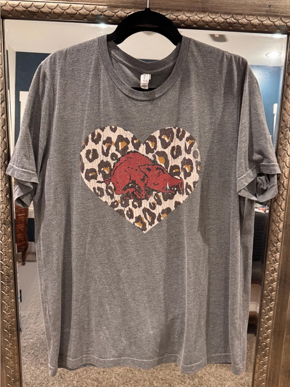 Bella Canvas Arkansas Razorback Gray Short Sleeve Tee with Leopard Heart